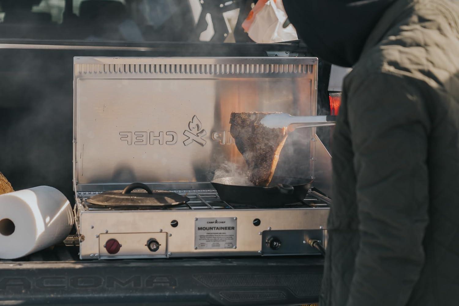 imageCamp Chef Mountaineer 2Burner Camp Stove Portable Aluminum Cooktop with 40000 Total BTUs of Power Wind Screen amp Matchless Ignition